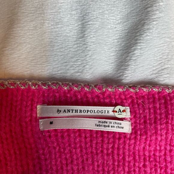 BY ANTHROPOLOGIE Hot Pink Sweater Medium Gold Glitter Wool Alpaca Knit Pullover - Picture 2 of 5